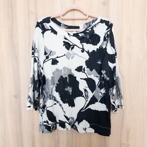Chicos Womens Top Size XL Black White Floral Pima Cotton Casual Chic Artsy